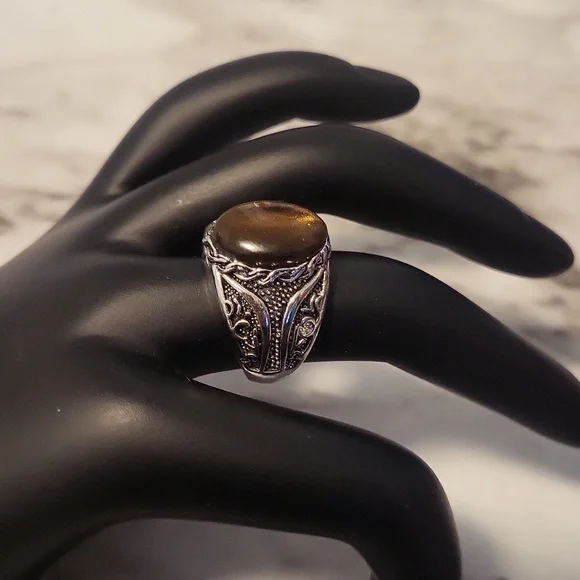 Vintage Tiger Eye Silvery Ring Bohemian Style Size 8 - Picture 14 of 17